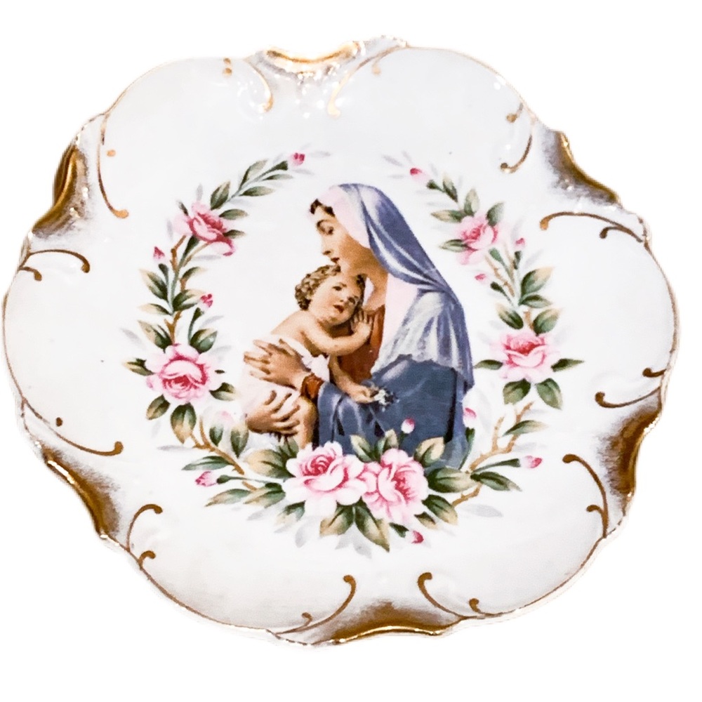 VTG hand painted plate Virgin Mary & baby Jesus 8”